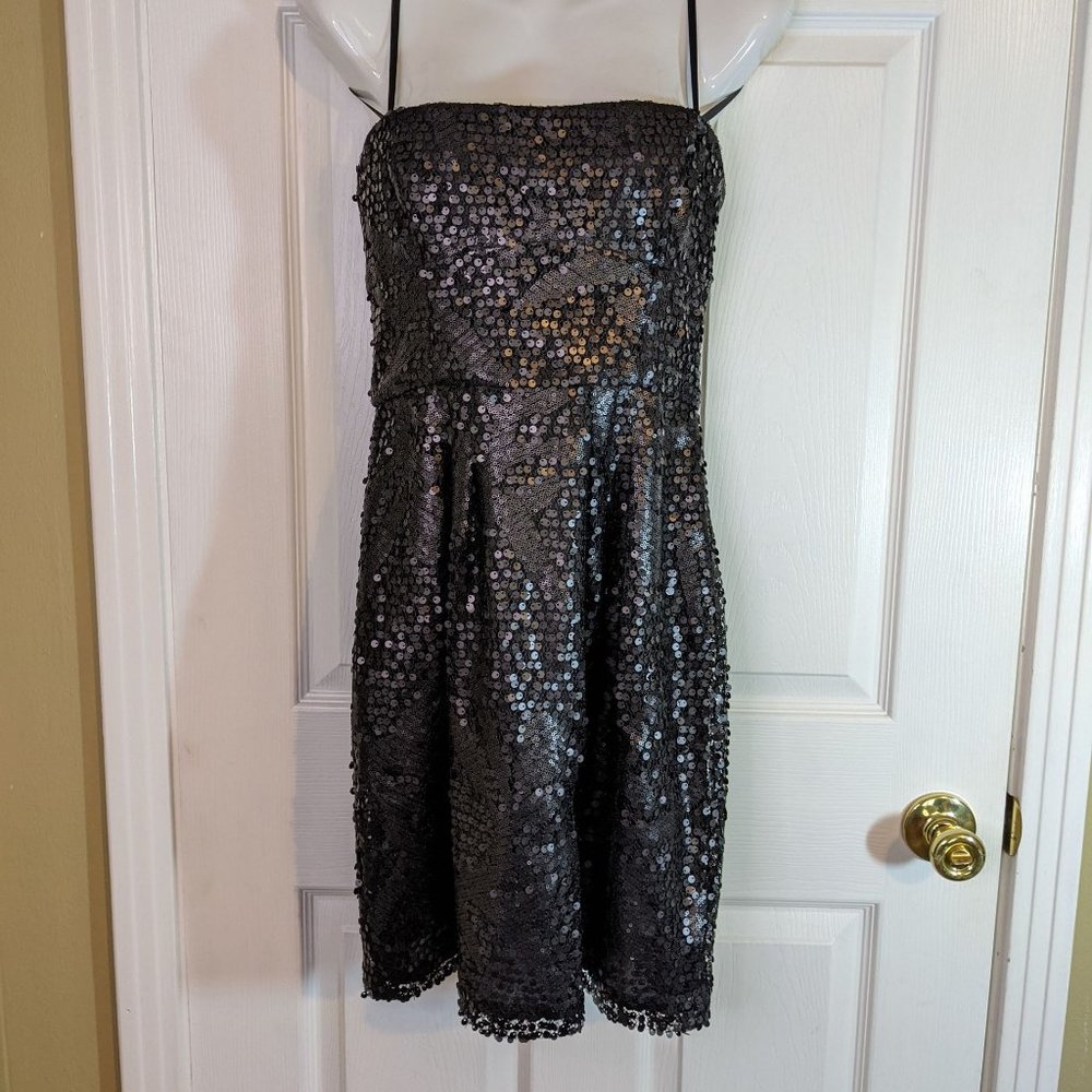 BCBGMaxazria Black Sequin Strapless Mini/Knee Length Dress - size 6 NWT